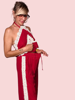 Pantalone Wide Leg Rosso con Banda in Crochet