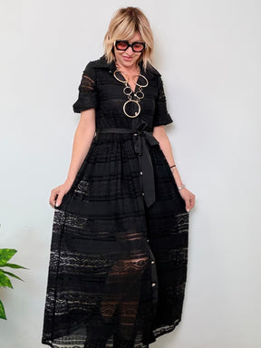 Abito Lungo Nero con Inserti in Pizzo