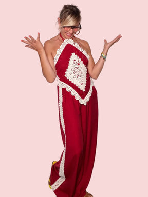 Pantalone Wide Leg Rosso con Banda in Crochet