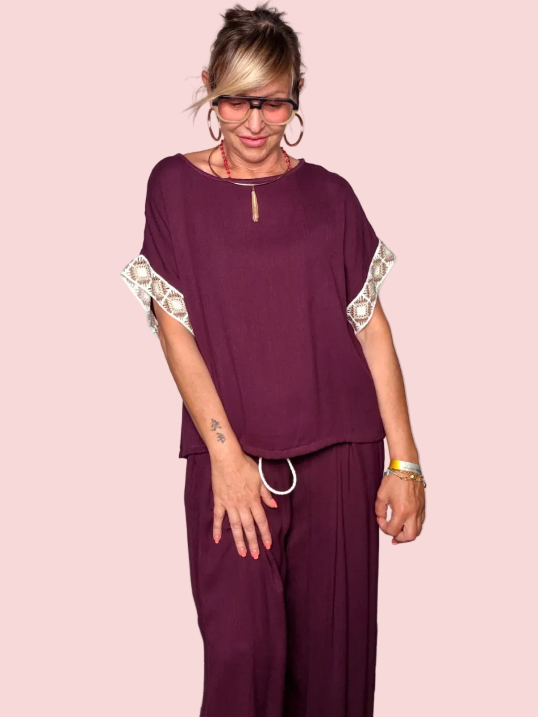 Completo Top Oversize e Pantalone Wide Leg con Crochet