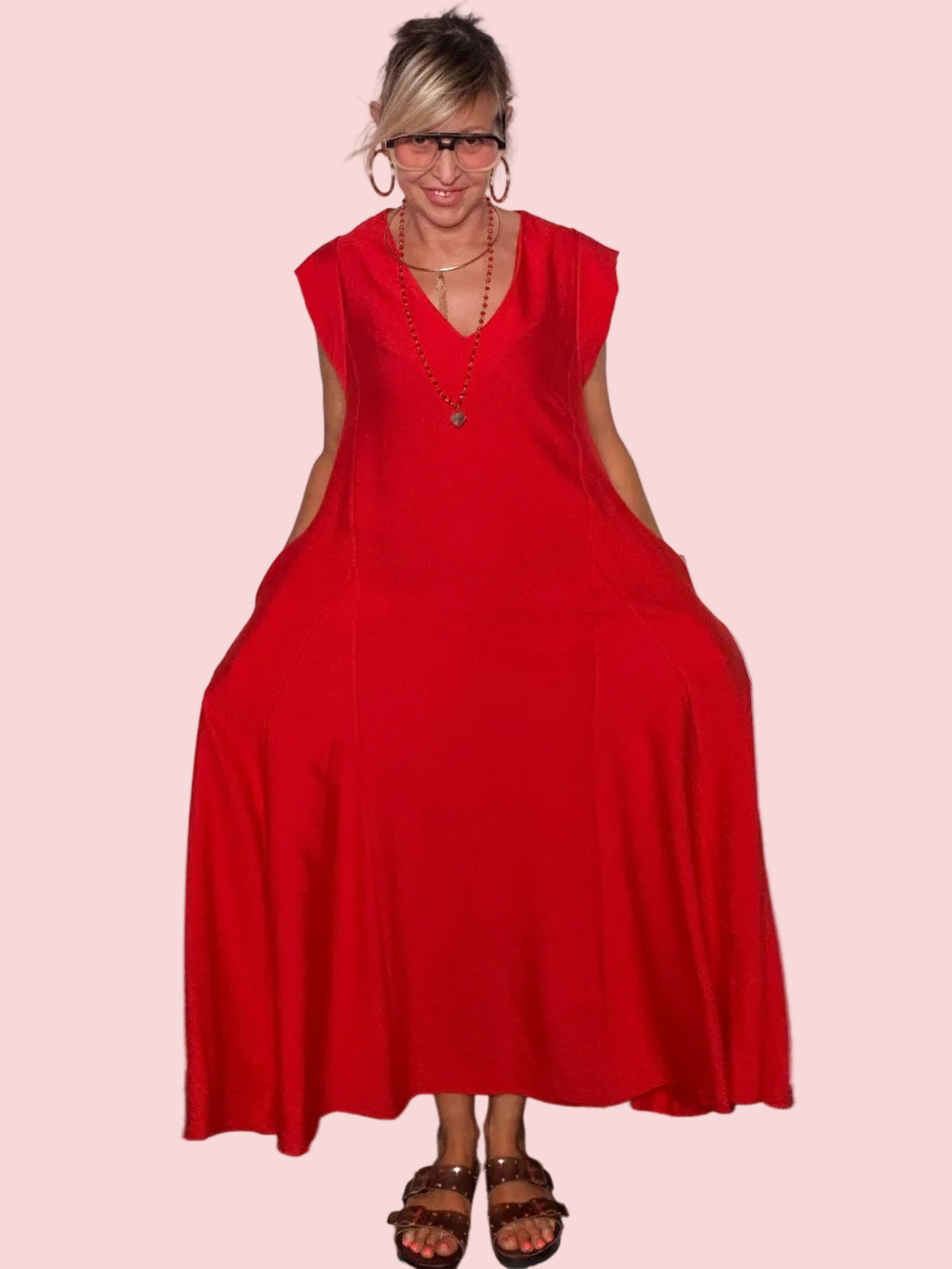 Abito Maxi con Scollo a V e Spalle Strutturate