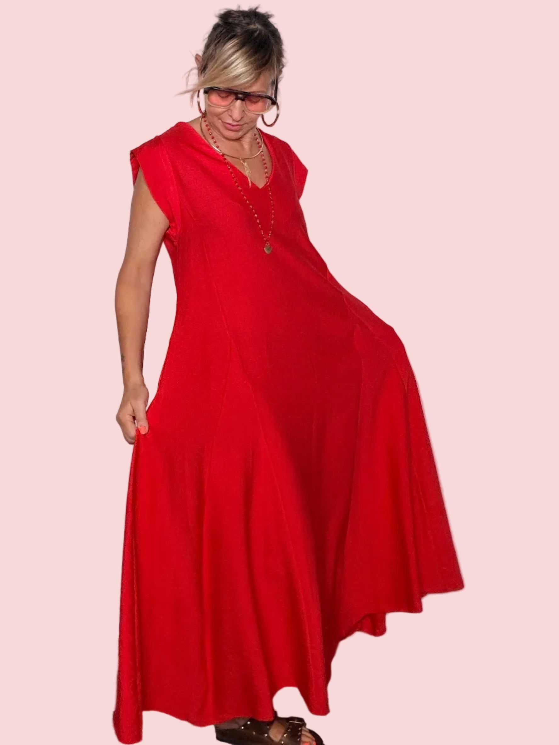 Abito Maxi con Scollo a V e Spalle Strutturate