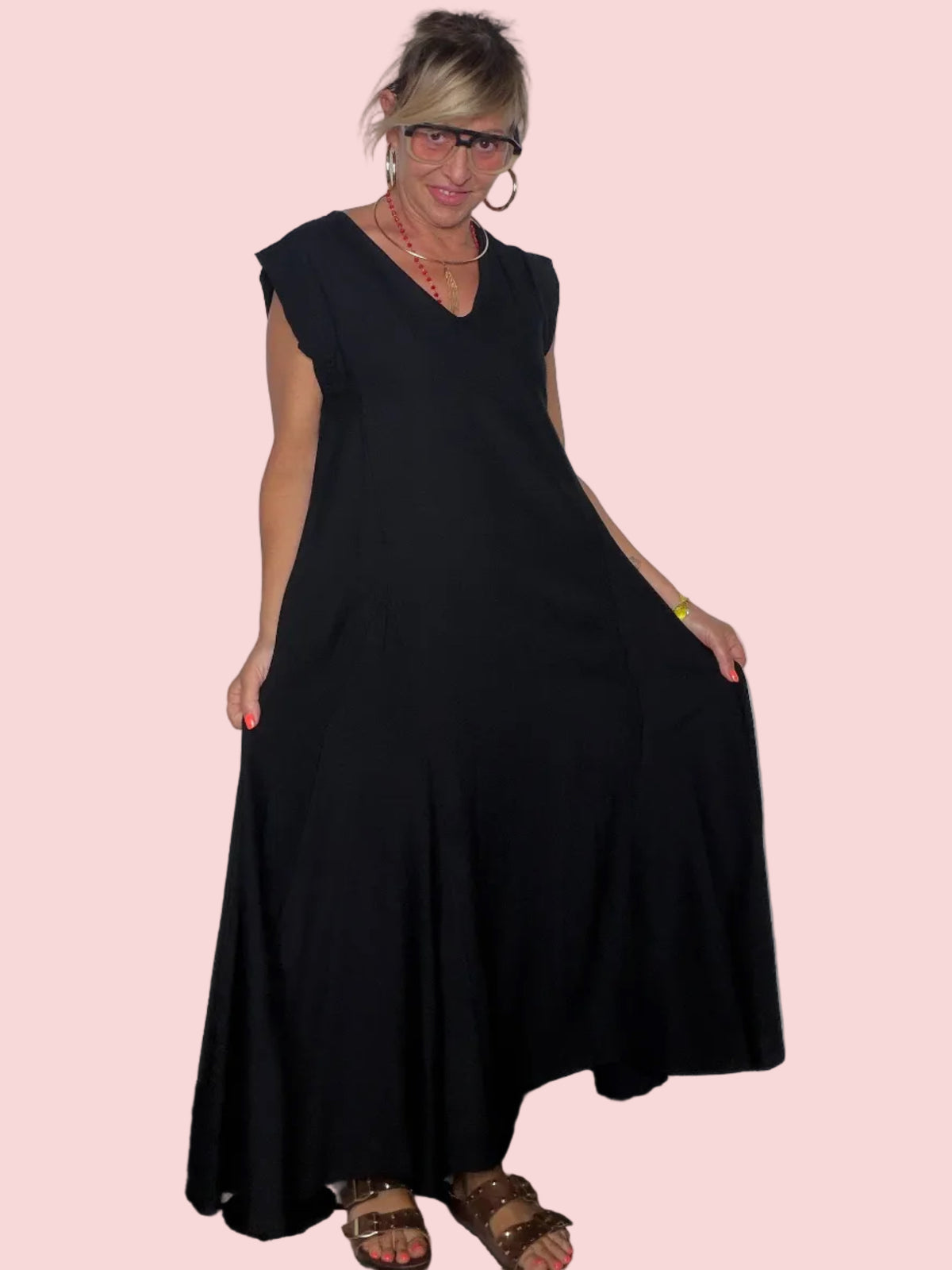 Abito Maxi con Scollo a V e Spalle Strutturate