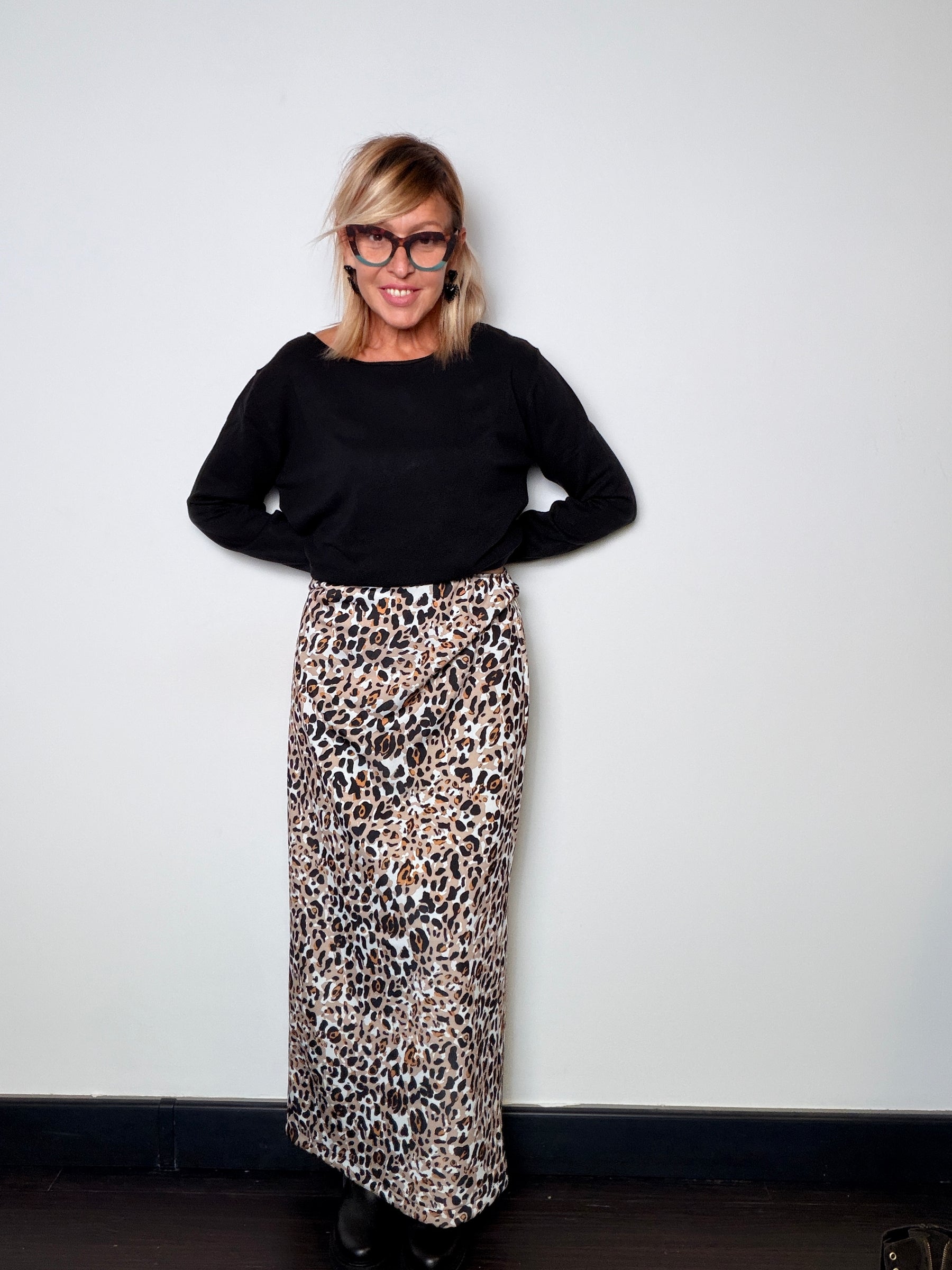 Gonna lunga in neoprene con stampa animalier