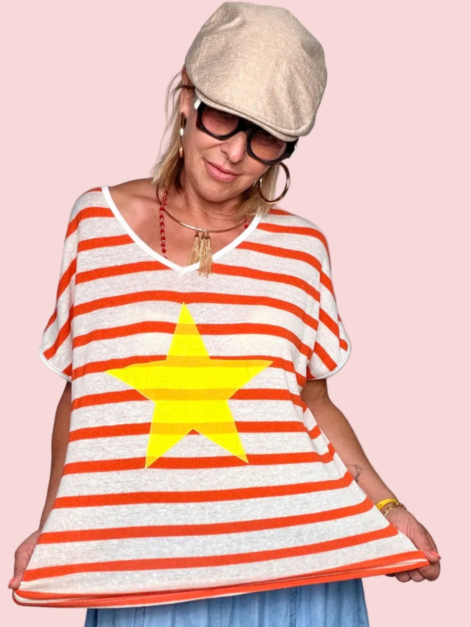 Maglia Oversize a Righe "STAR" — Stella Applicata Fluo