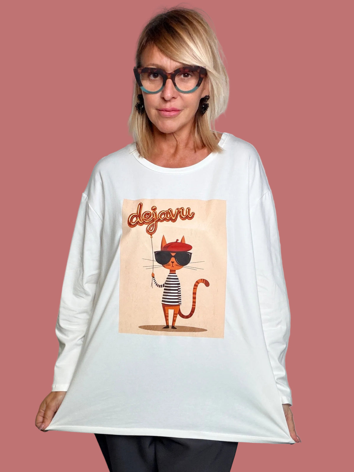 T-shirt oversize a maniche lunghe con stampa gatto parigino