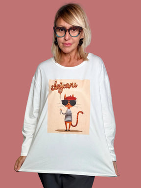 T-shirt oversize a maniche lunghe con stampa gatto parigino