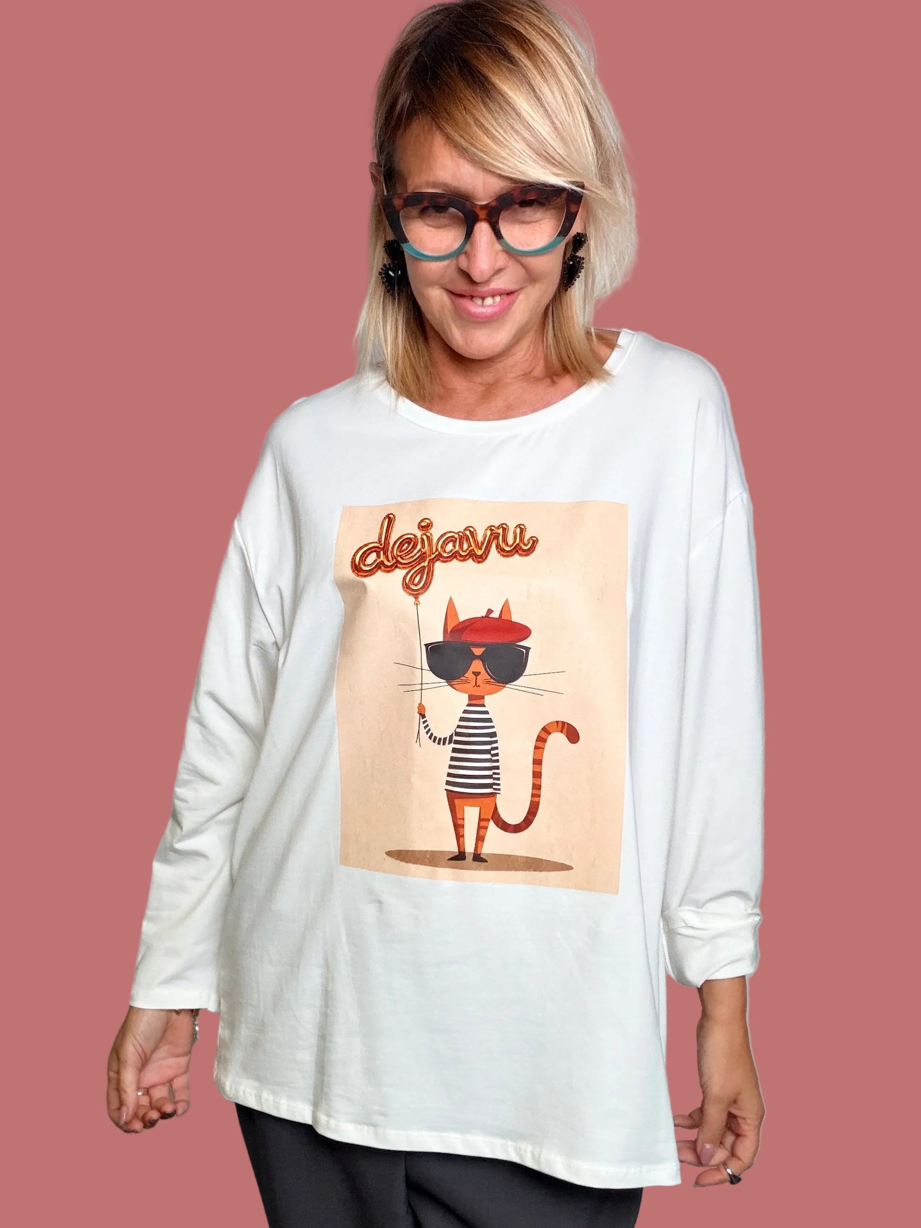 T-shirt oversize a maniche lunghe con stampa gatto parigino