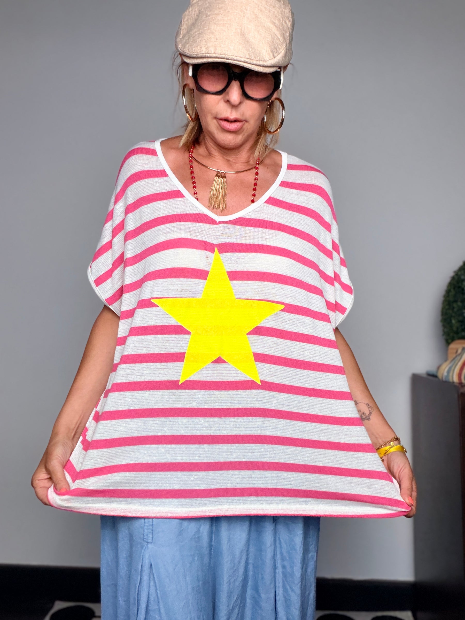 Maglia Oversize a Righe "STAR" — Stella Applicata Fluo