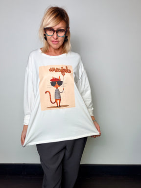 T-shirt oversize a maniche lunghe con stampa gatto parigino