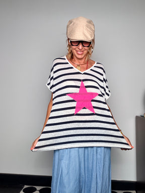Maglia Oversize a Righe "STAR" — Stella Applicata Fluo