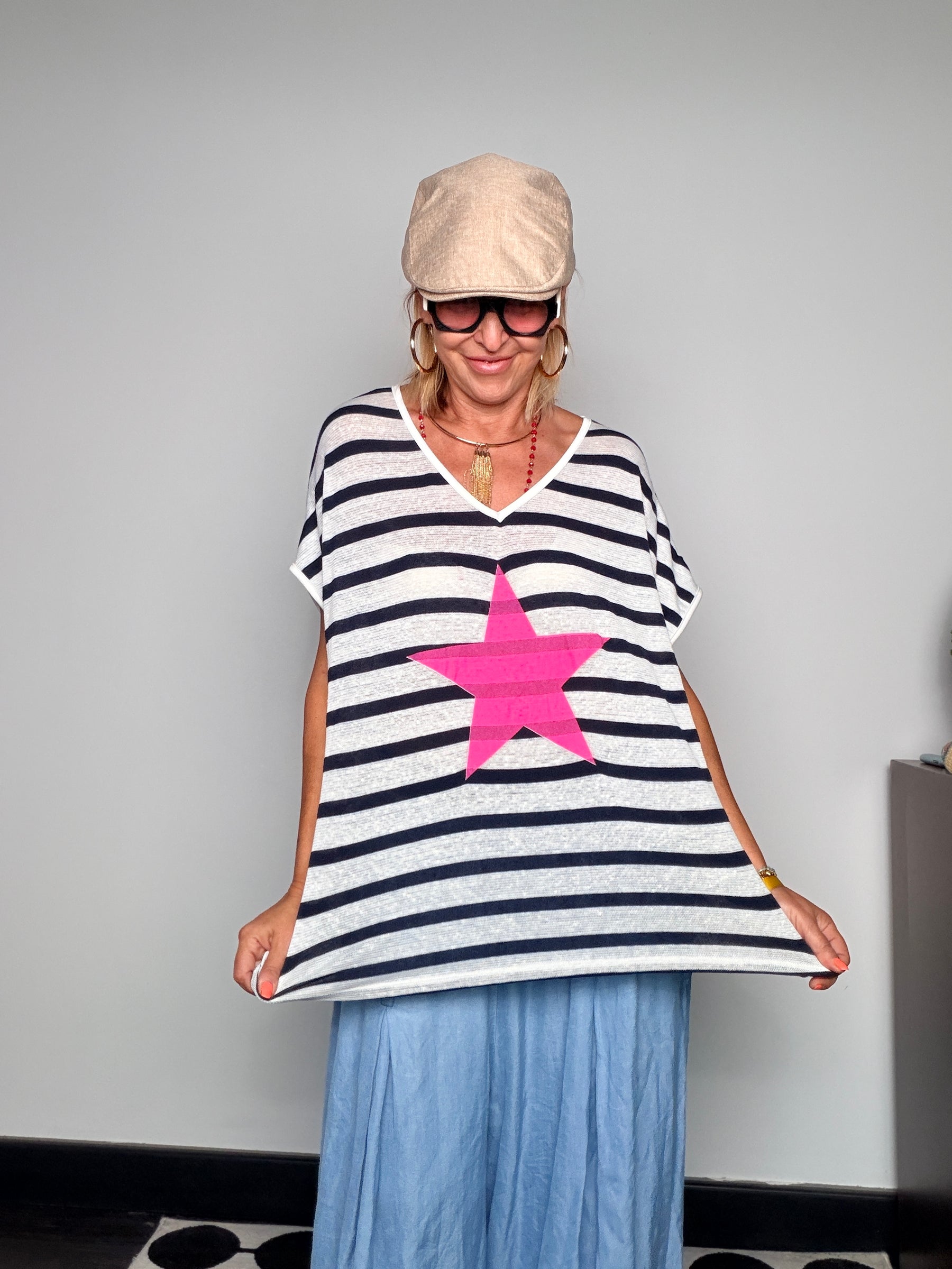 Maglia Oversize a Righe "STAR" — Stella Applicata Fluo