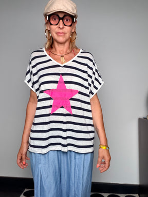 Maglia Oversize a Righe "STAR" — Stella Applicata Fluo
