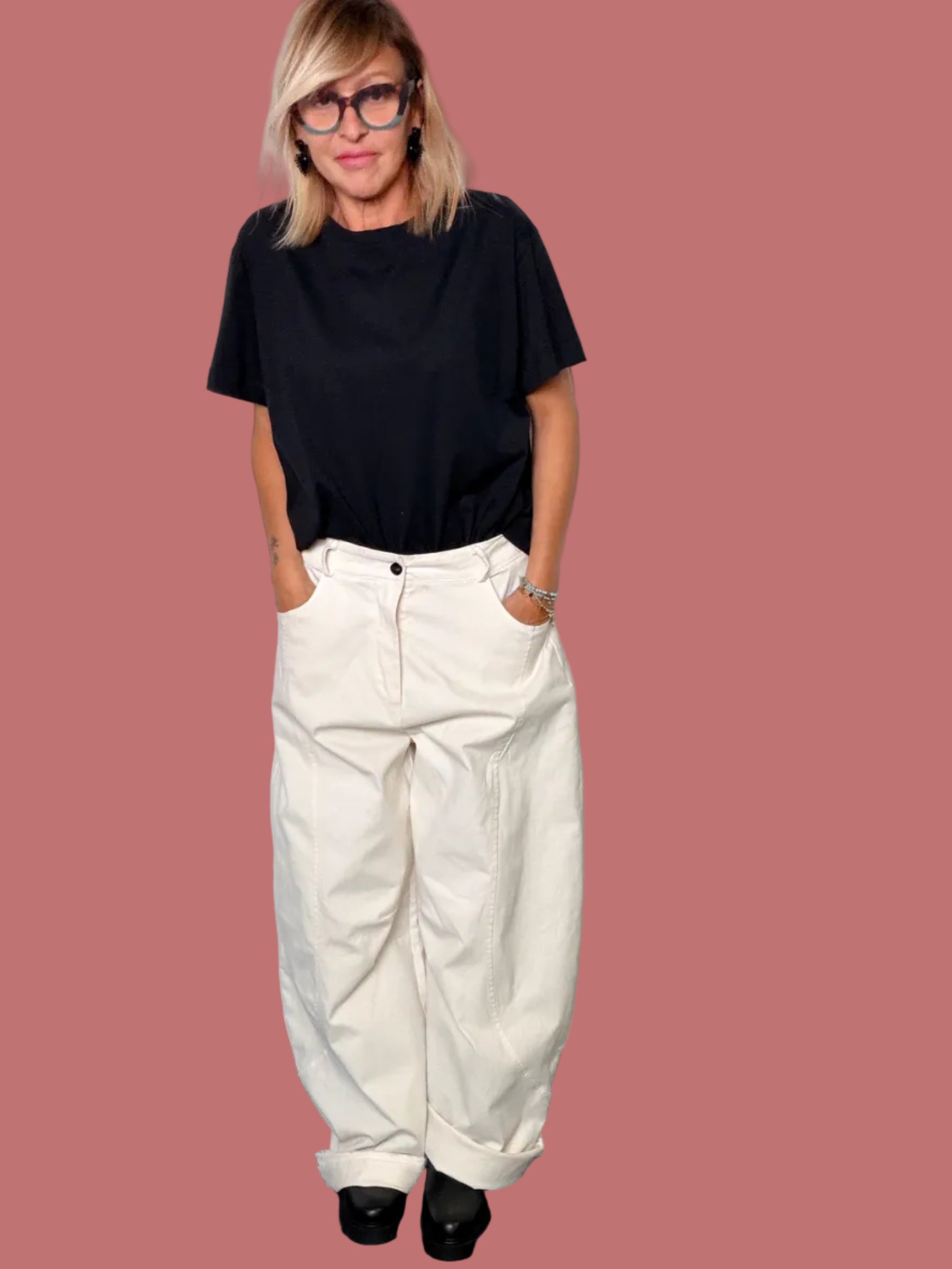 Pantalone balloon avorio con tasche e cuciture sagomate