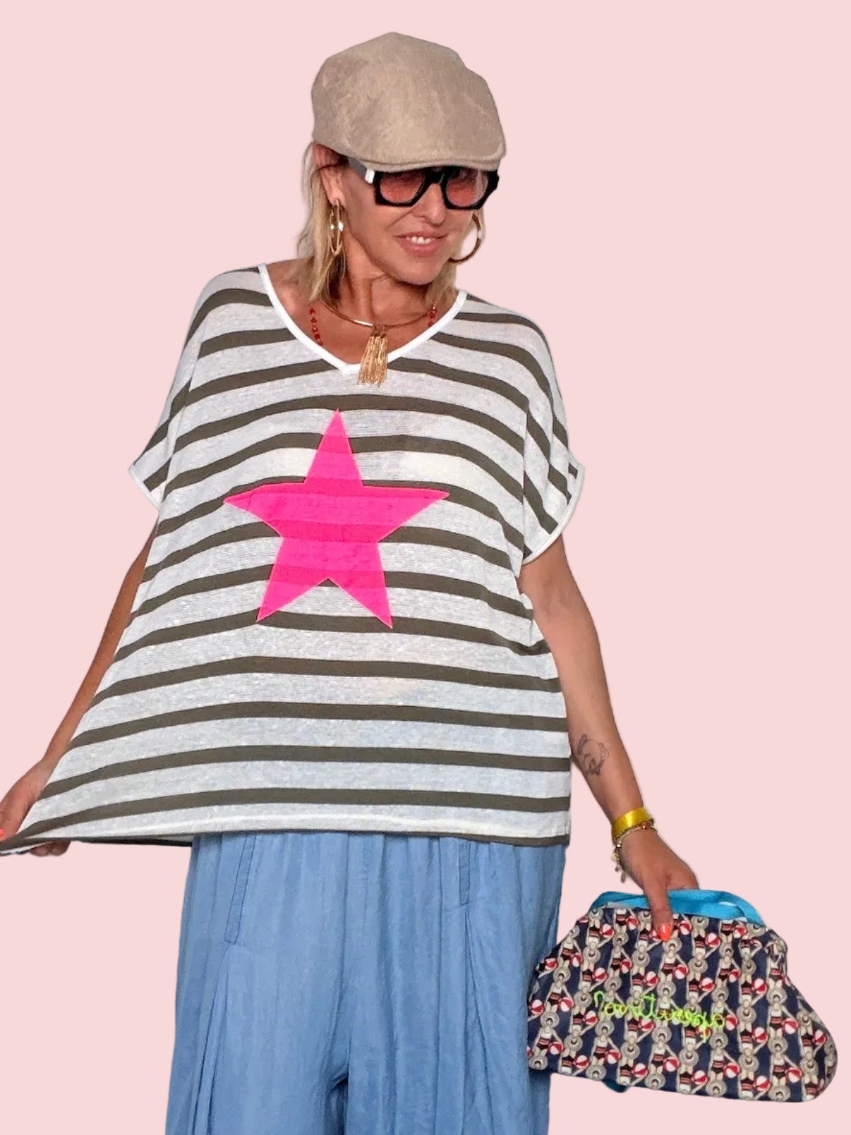 Maglia Oversize a Righe "STAR" — Stella Applicata Fluo