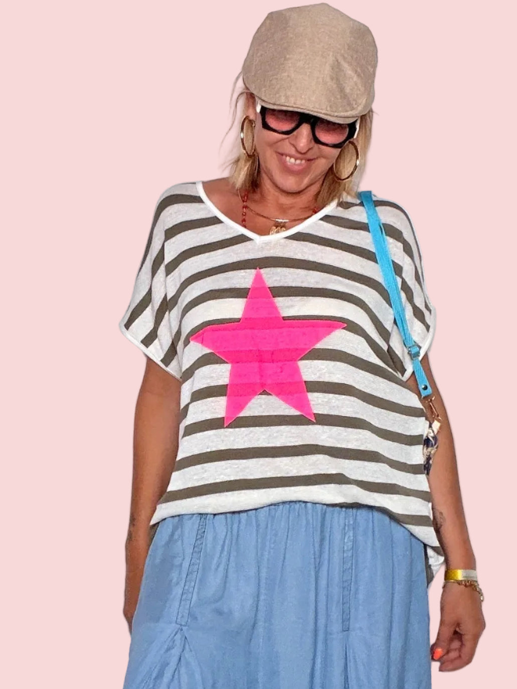 Maglia Oversize a Righe "STAR" — Stella Applicata Fluo