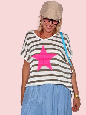 Maglia Oversize a Righe "STAR" — Stella Applicata Fluo