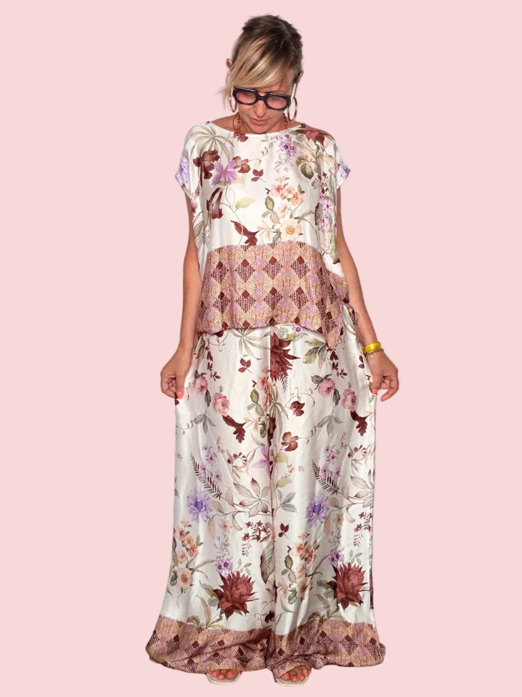 Pantalone Palazzo Floreale con Inserto a Rombi — Viscosa