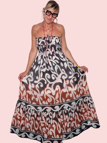 Abito Maxi a Fascia Smock — Stampa Arabesque Terracotta