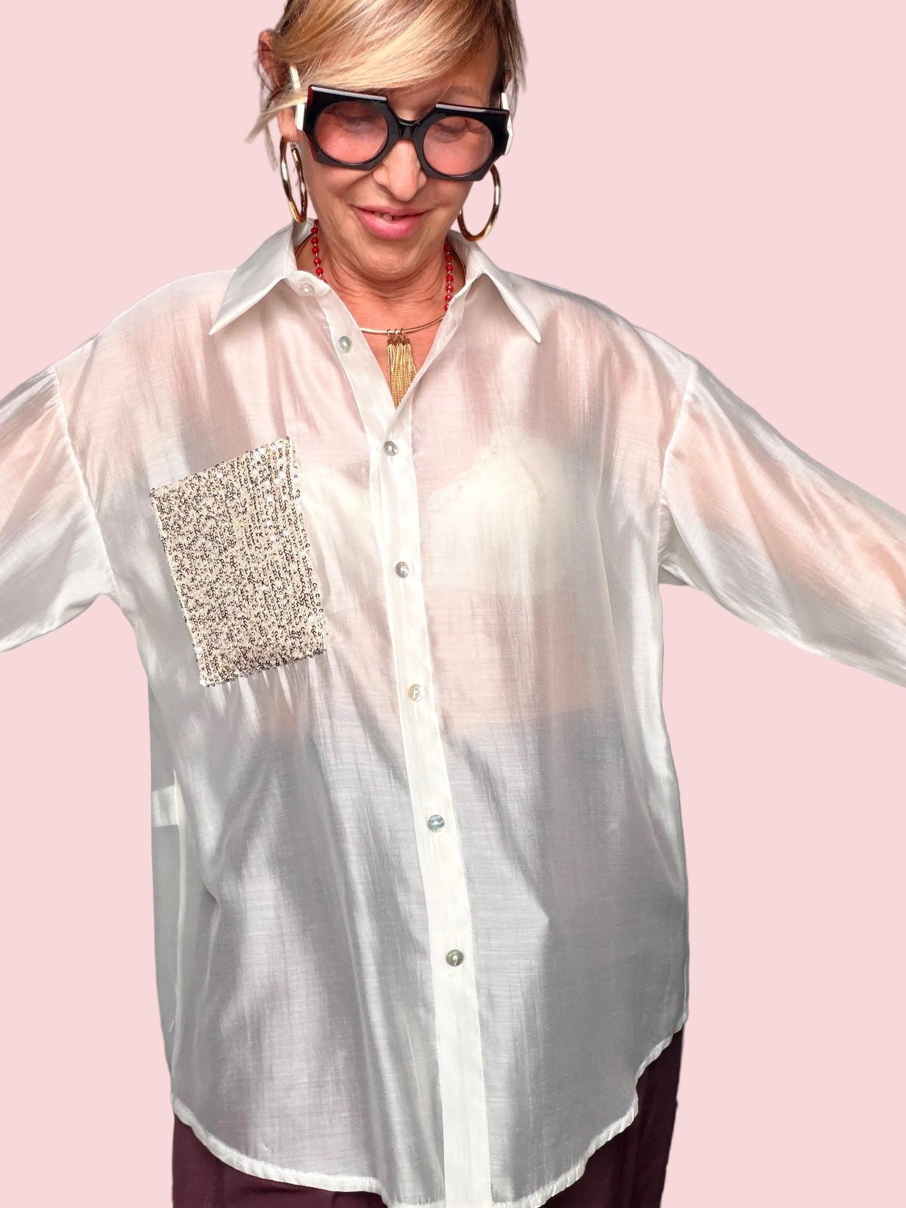 Camicia Oversize Semitrasparente con Tasca Glitter