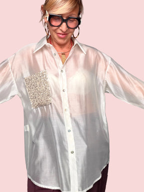 Camicia Oversize Semitrasparente con Tasca Glitter