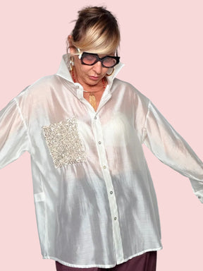 Camicia Oversize Semitrasparente con Tasca Glitter