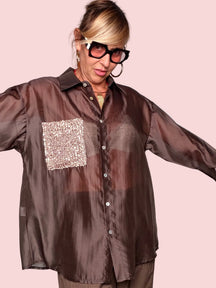 Camicia Oversize Semitrasparente con Tasca Glitter
