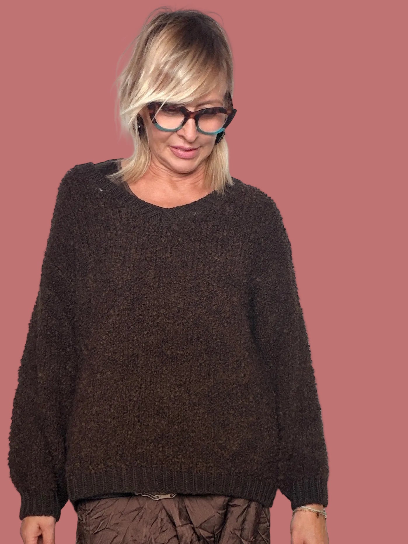 Maglione Oversize in Maglia Bouclé Scollo a V Panna Flo&Poi