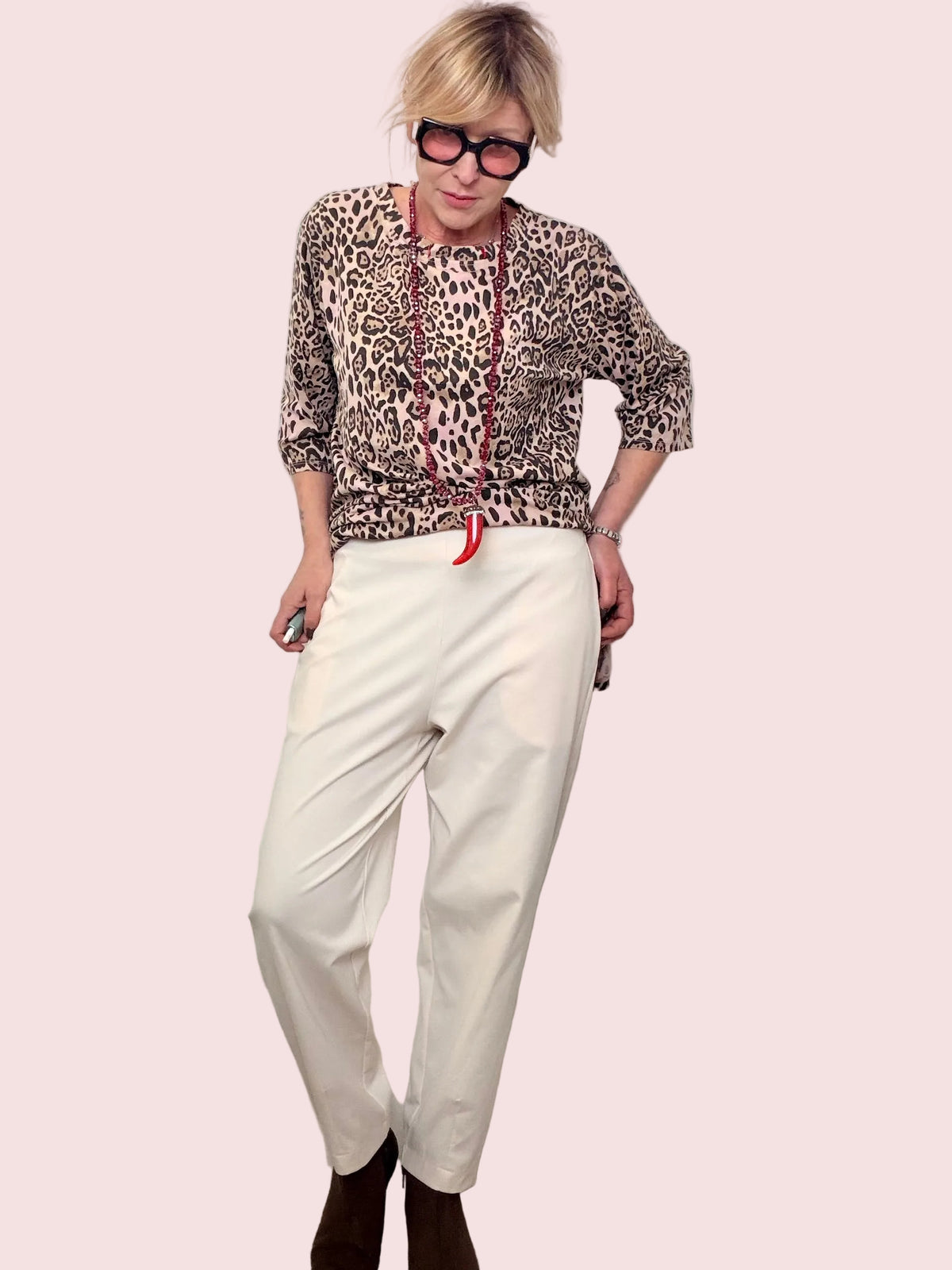 Pantaloni Punto Milano Beige a Gamba Ampia