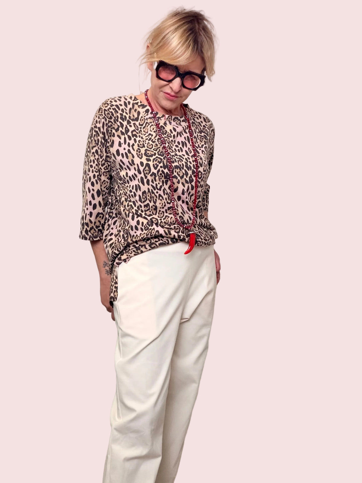 Pantaloni Punto Milano Beige a Gamba Ampia