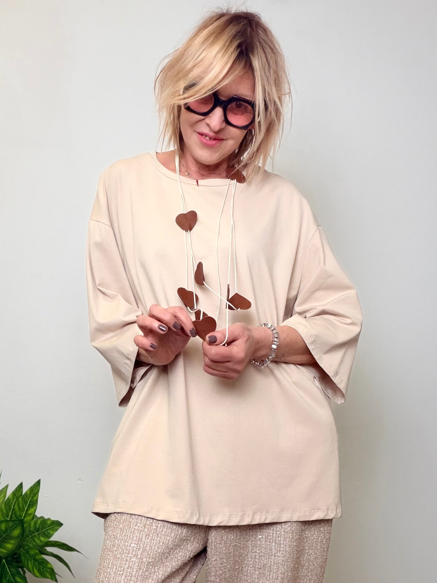 Tunica Oversize Maniche 3/4 - Beige Panna e Verde Militare