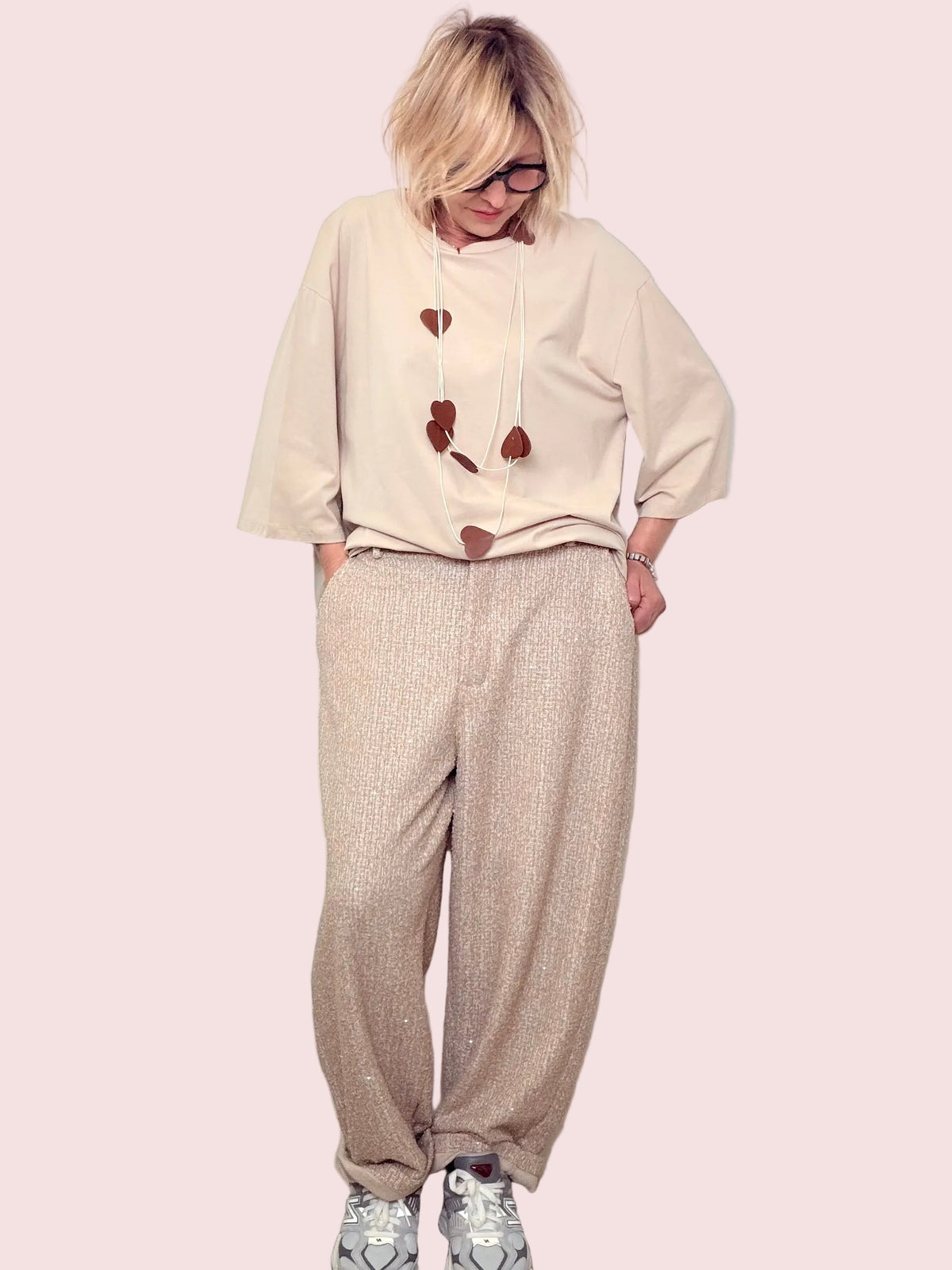 Pantaloni Beige Lurex con Effetto Luminoso a Gamba Ampia