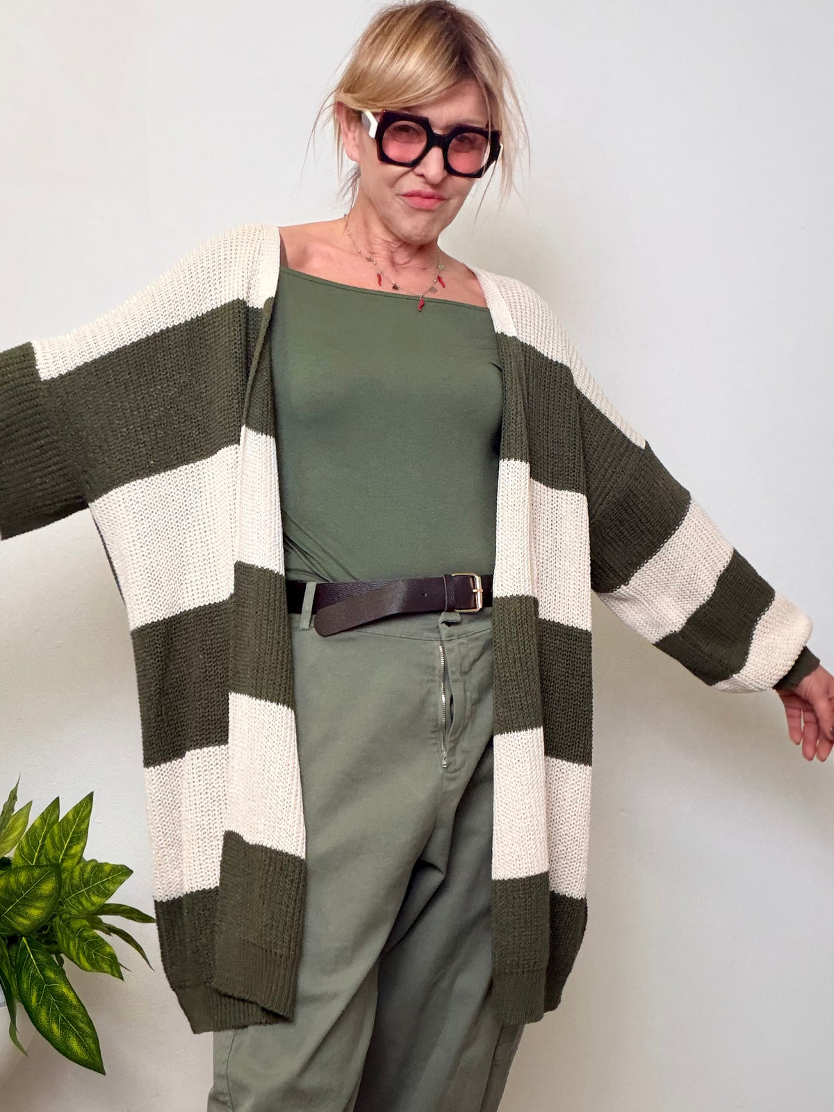Cardigan Lungo a Righe Oversize - Marrone e Blu Navy e verde