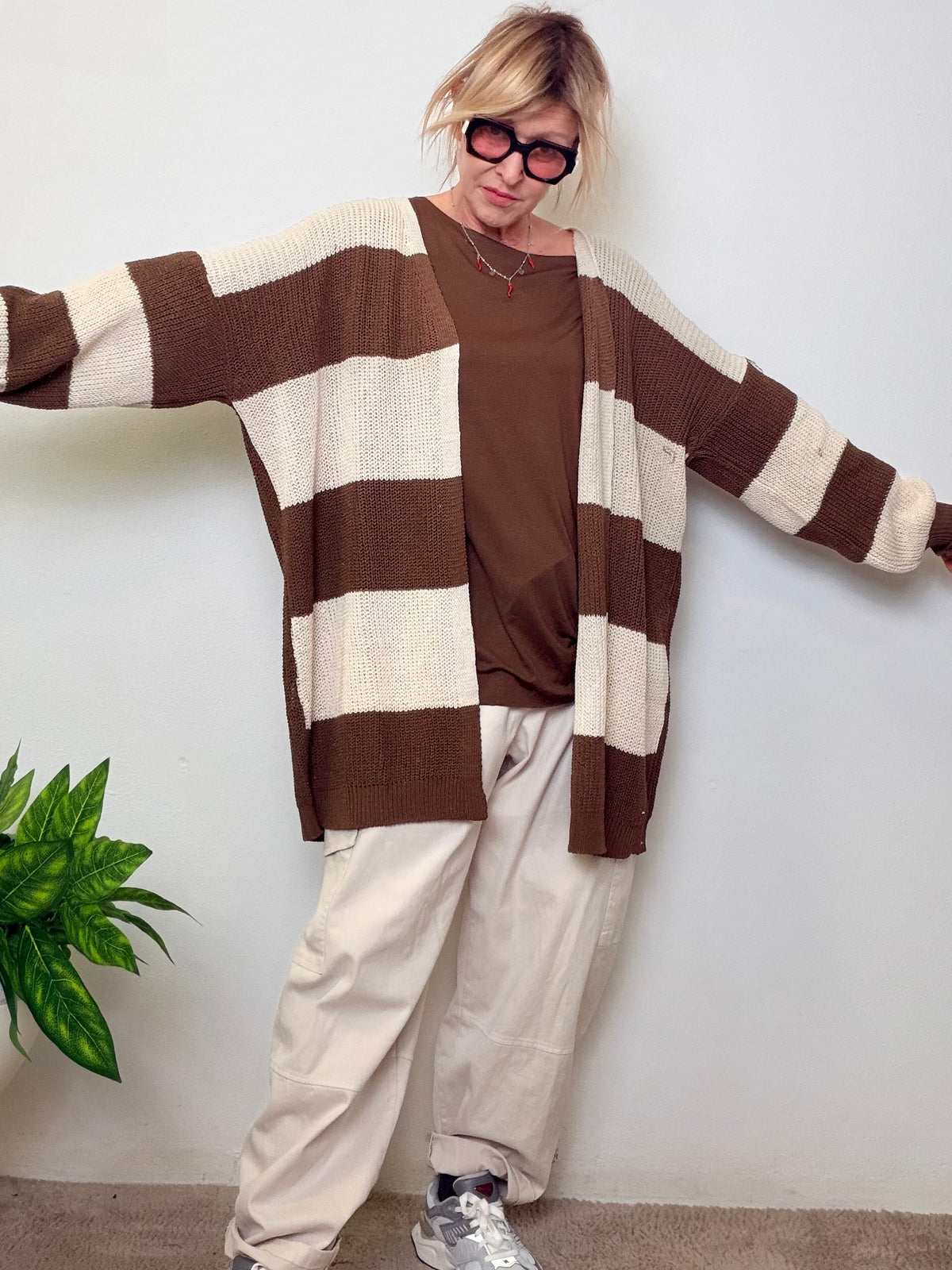 Cardigan Lungo a Righe Oversize - Marrone e Blu Navy e verde