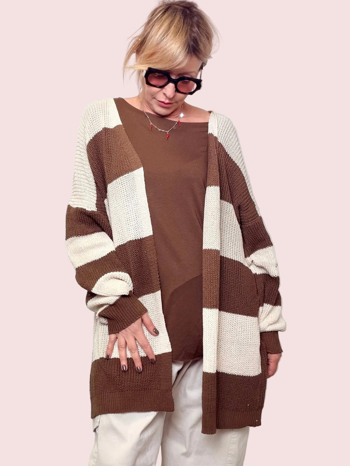 Cardigan Lungo a Righe Oversize - Marrone e Blu Navy e verde