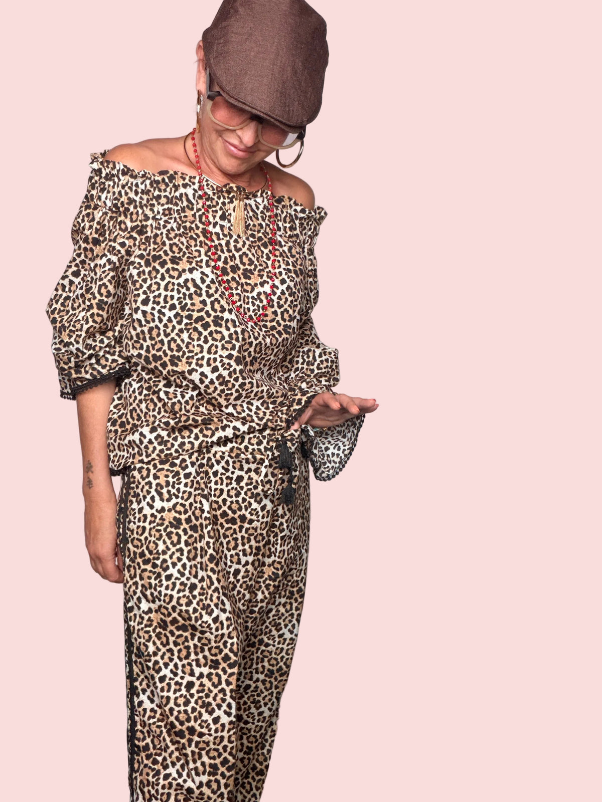 Pantalone Wide Leg Leopardato con Pizzo — Coordinato Bardot
