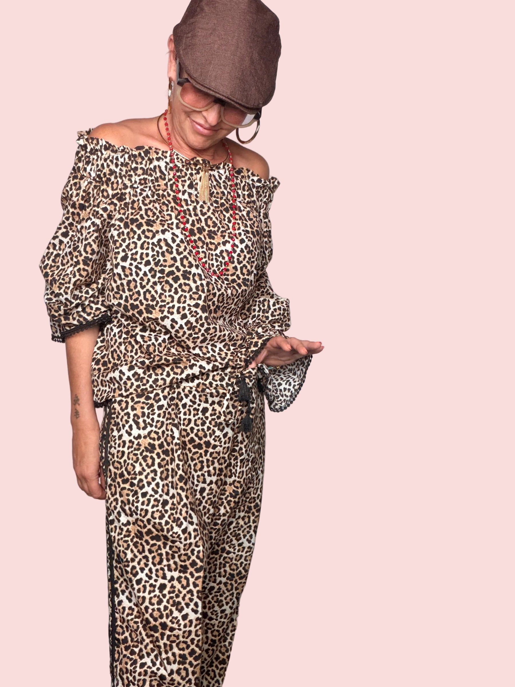 Pantalone Wide Leg Leopardato con Pizzo — Coordinato Bardot