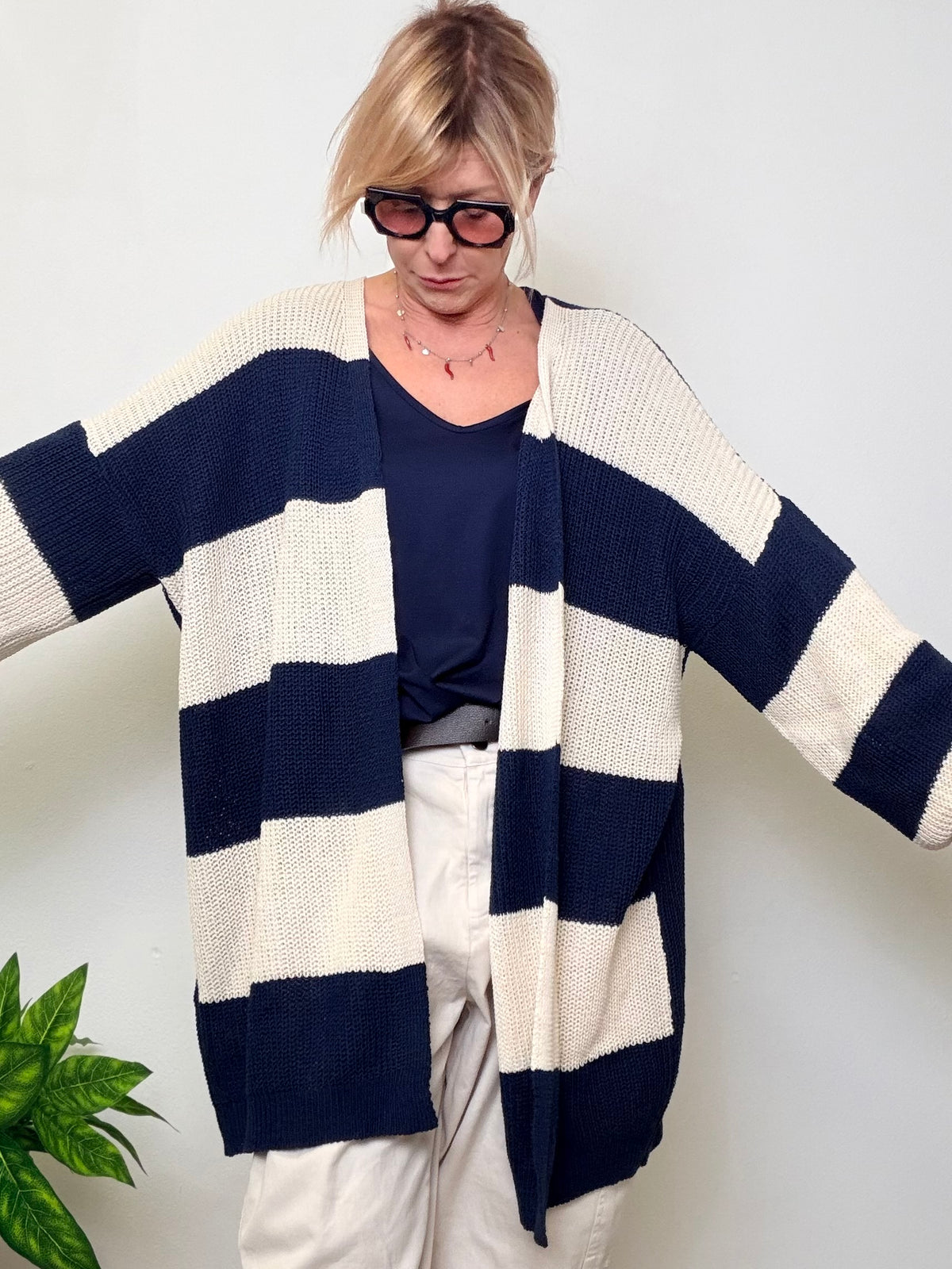Cardigan Lungo a Righe Oversize - Marrone e Blu Navy e verde