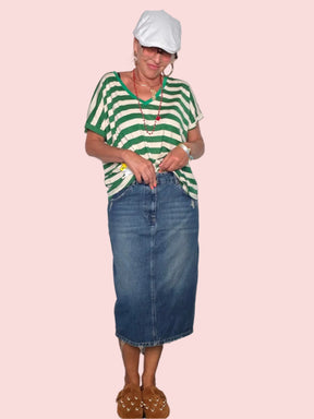 Gonna Longuette in Denim — Vita Alta con Orlo Sfrangiato