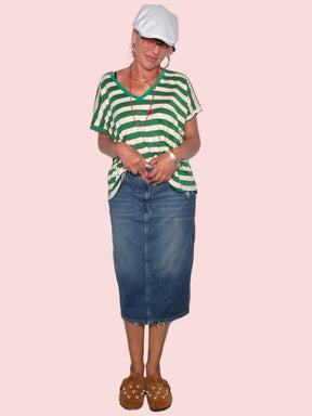 Gonna Longuette in Denim — Vita Alta con Orlo Sfrangiato