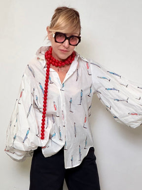 Camicia Bianca Stampa Fashion Figurine Oversize