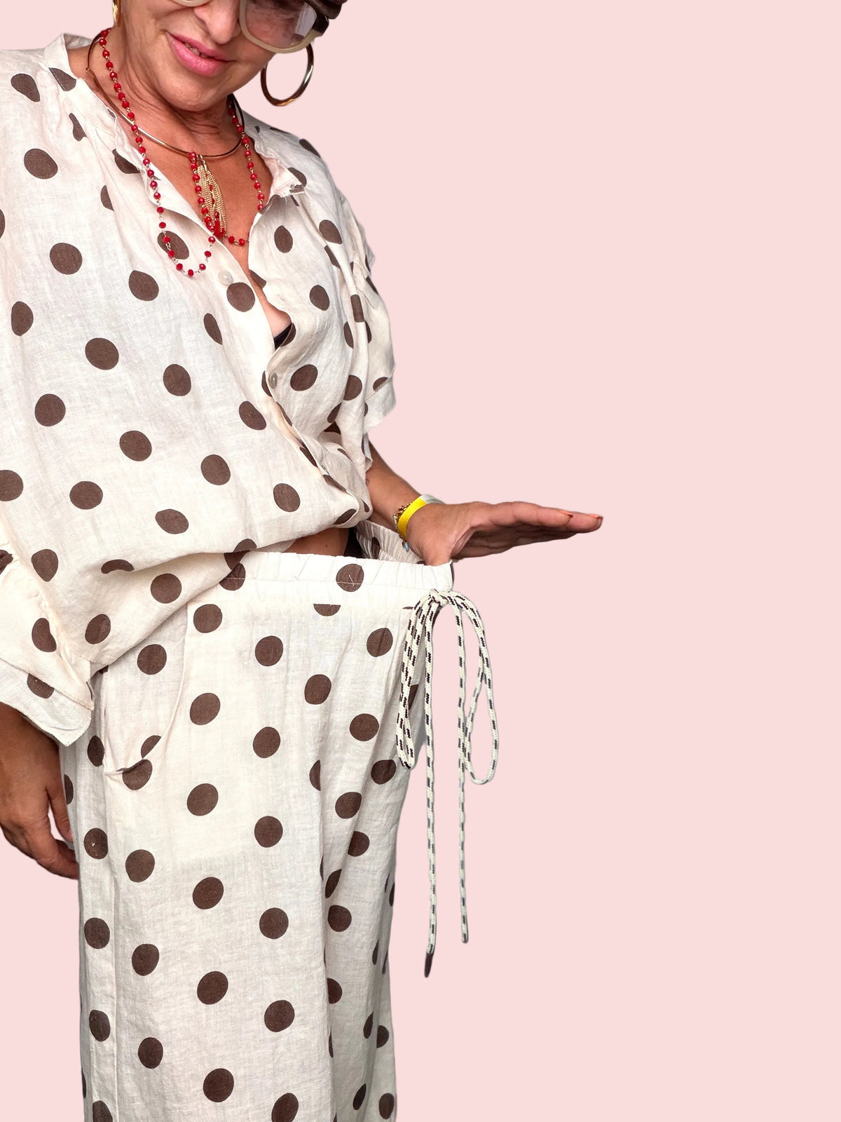 Pantalone Wide Leg a Pois in Lino — Vita Elastica con Cordoncino