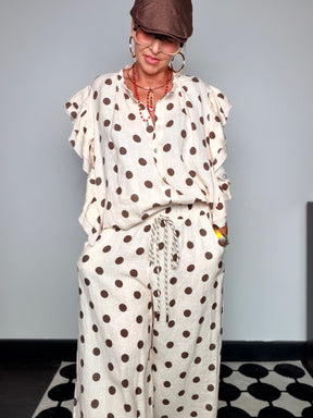 Pantalone Wide Leg a Pois in Lino — Vita Elastica con Cordoncino