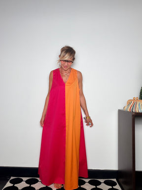 Abito Maxi Color Block Bicolore — Scollo V Profondo