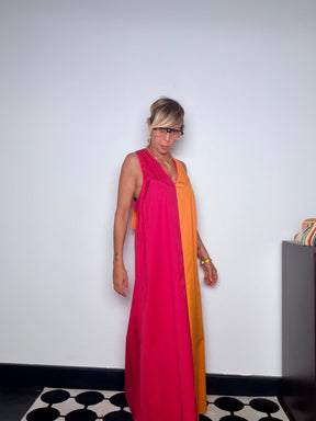 Abito Maxi Color Block Bicolore — Scollo V Profondo