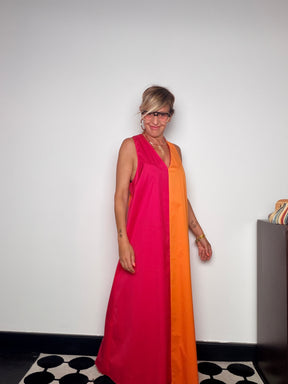 Abito Maxi Color Block Bicolore — Scollo V Profondo