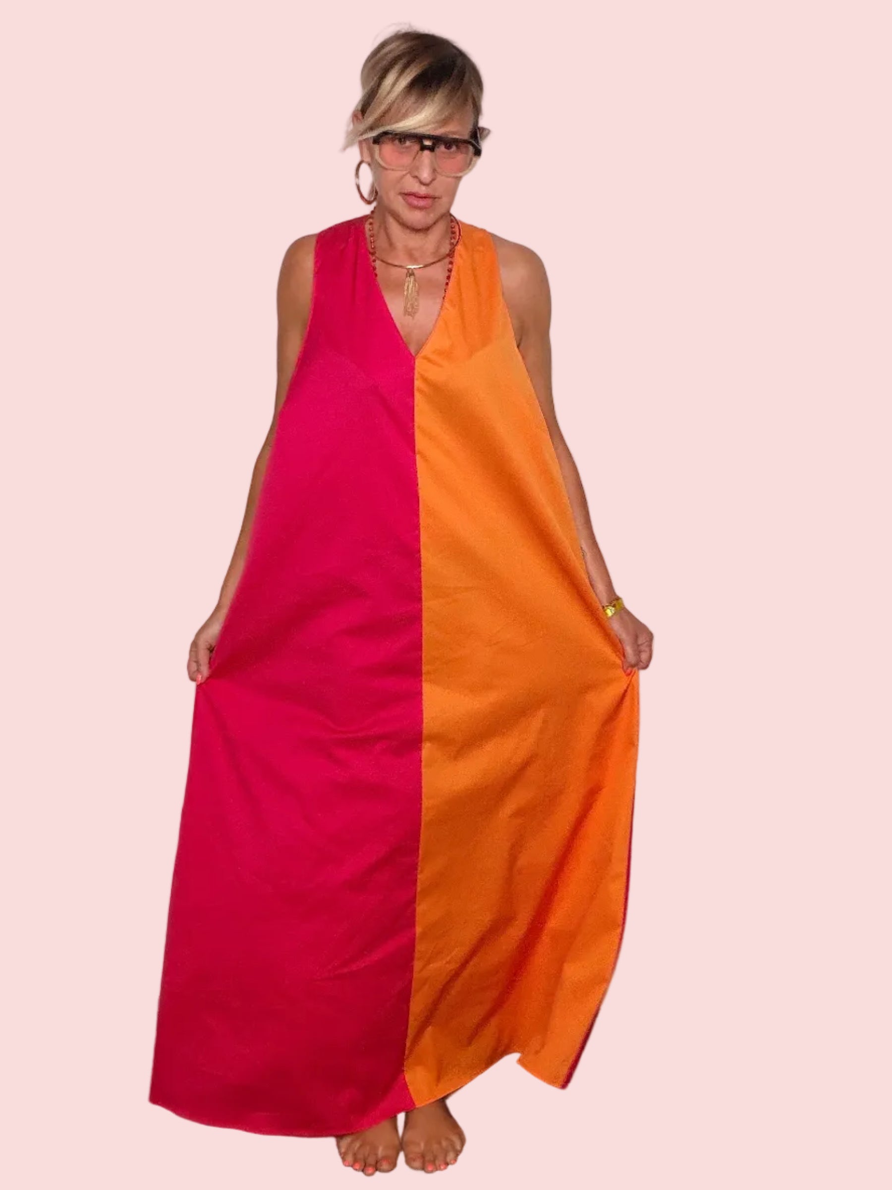 Abito Maxi Color Block Bicolore — Scollo V Profondo
