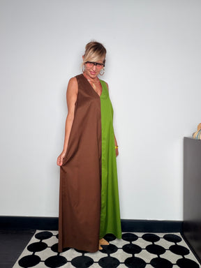 Abito Maxi Color Block Bicolore — Scollo V Profondo