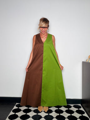 Abito Maxi Color Block Bicolore — Scollo V Profondo