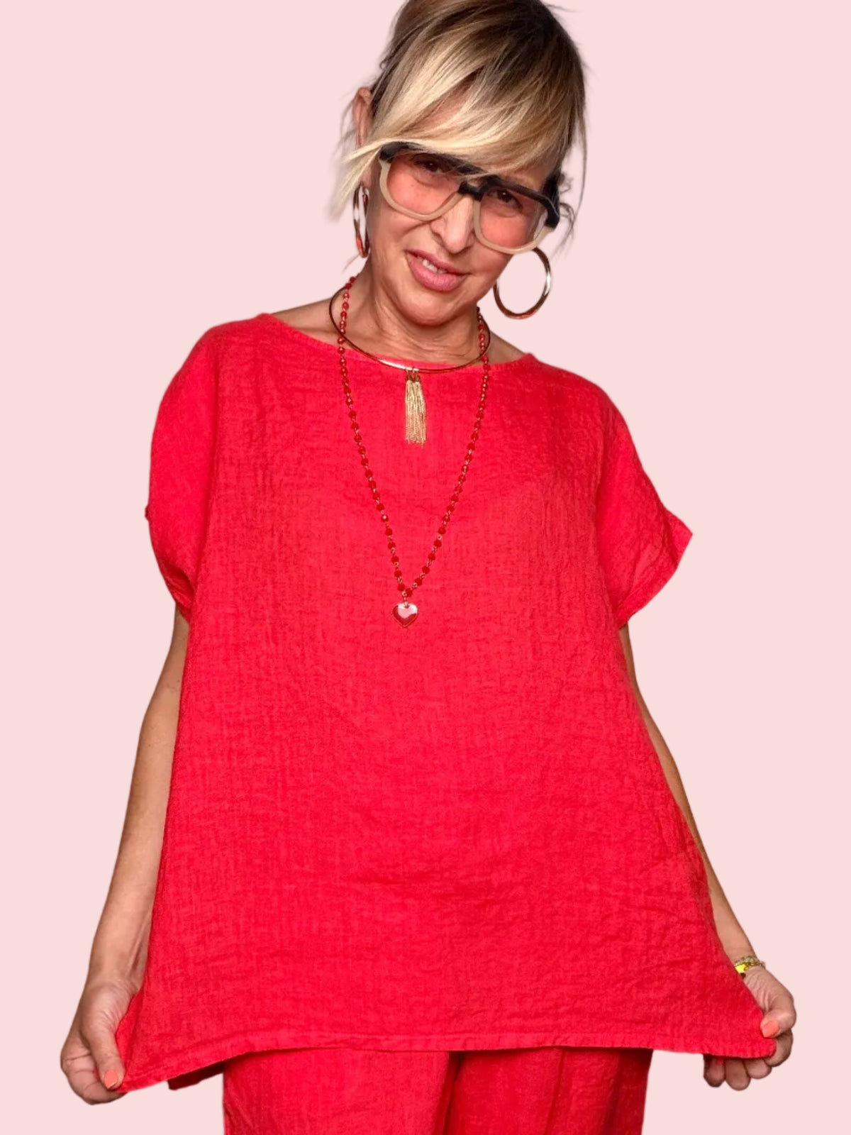Camicia a cubetto in lino Rosso